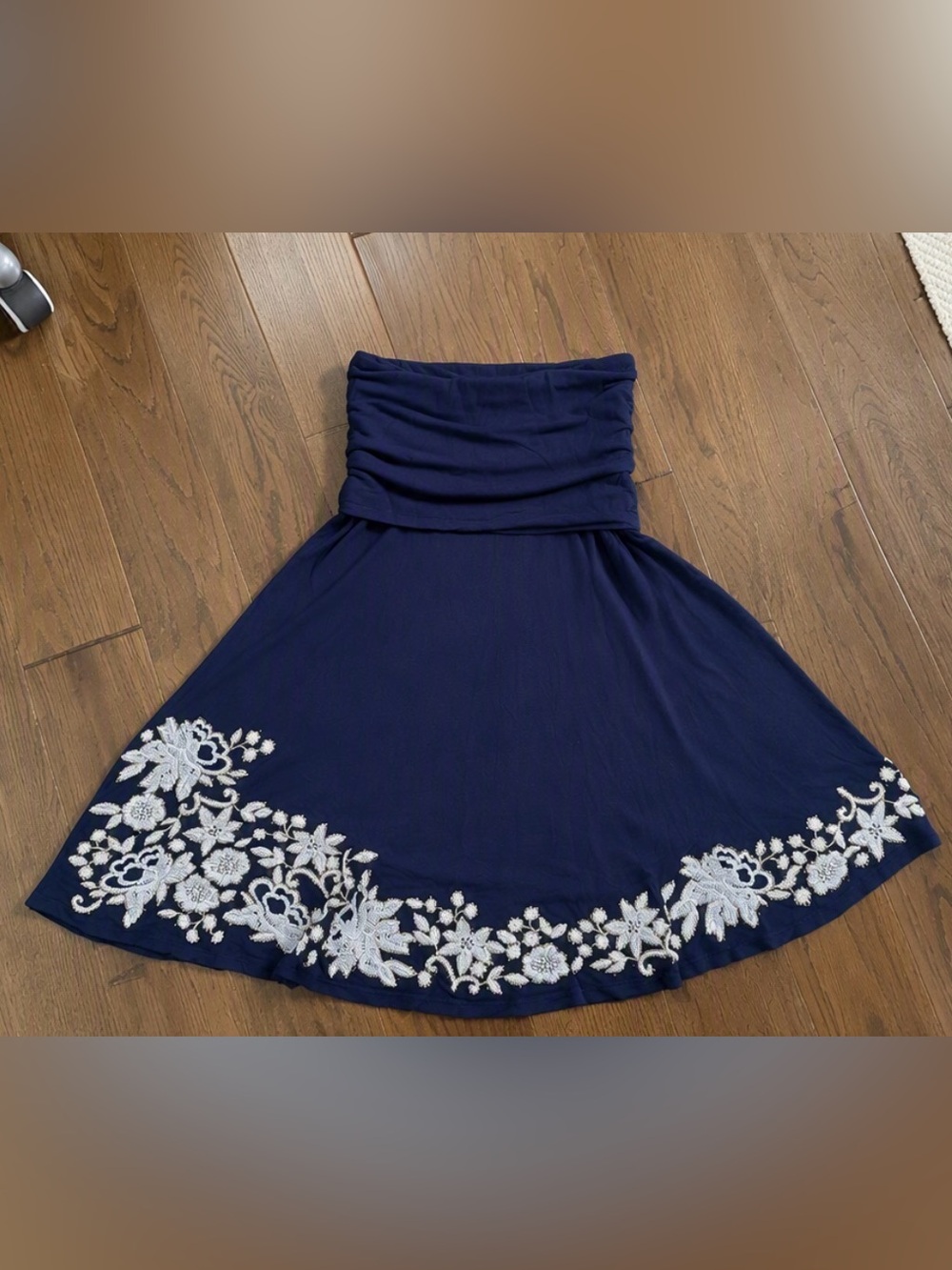INC International Concepts Strapless Navy Dress with White Floral Embroidery - S